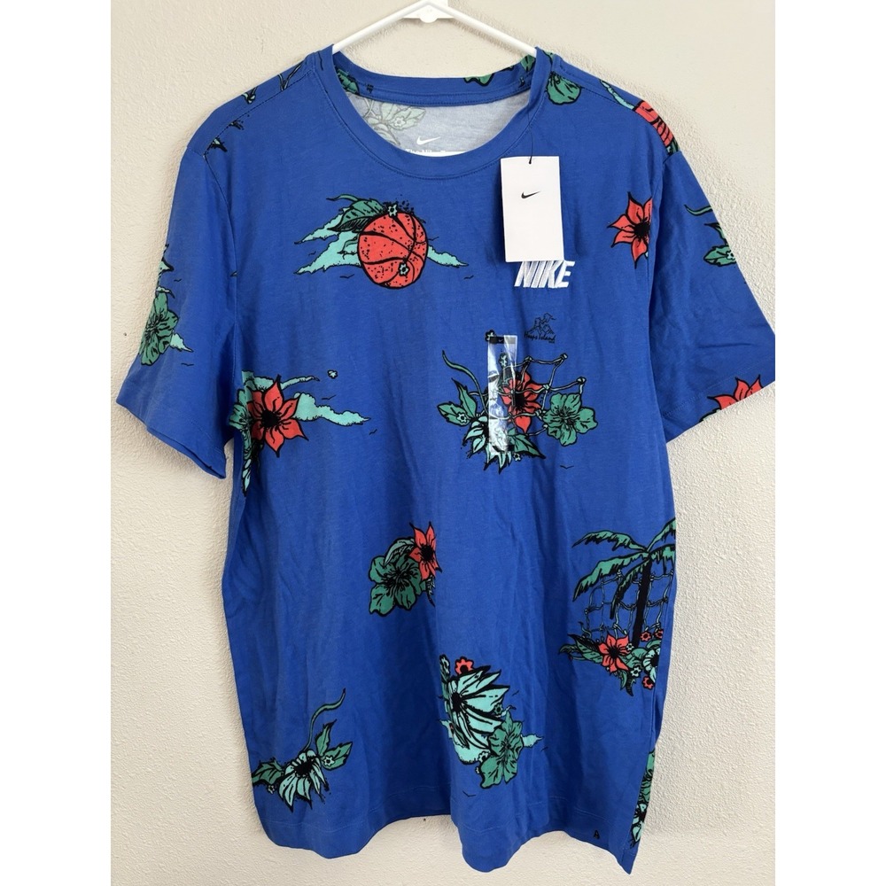 Nike DQ1907-480 Men's Large Floral Aloha Basketball T-Shirt Blue NWT